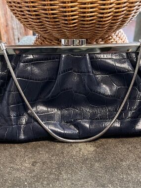 Classic Ann Taylor Navy Croc-Embossed Frame Clutch with Silver Chain Leather